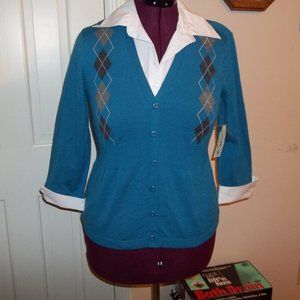 KIM ROGERS LADIES SIZE S. TEAL BLUE PULLOVER 2 IN 1 LAYERED SWEATER.  3/4 SLEEVE